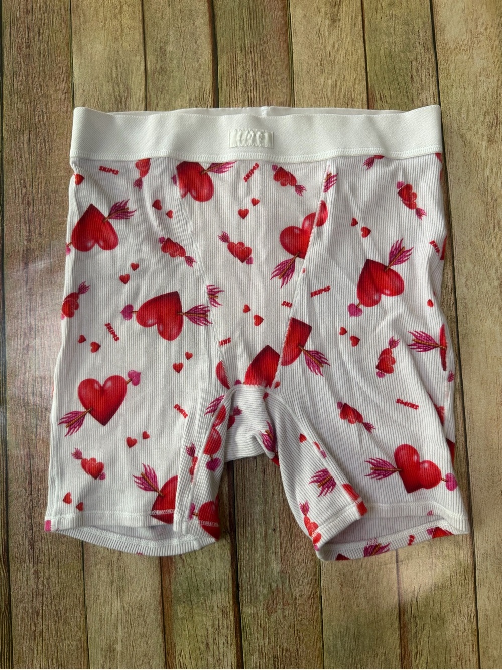 SKIMS White Ribbed Boxer Briefs with Red Heart Print
